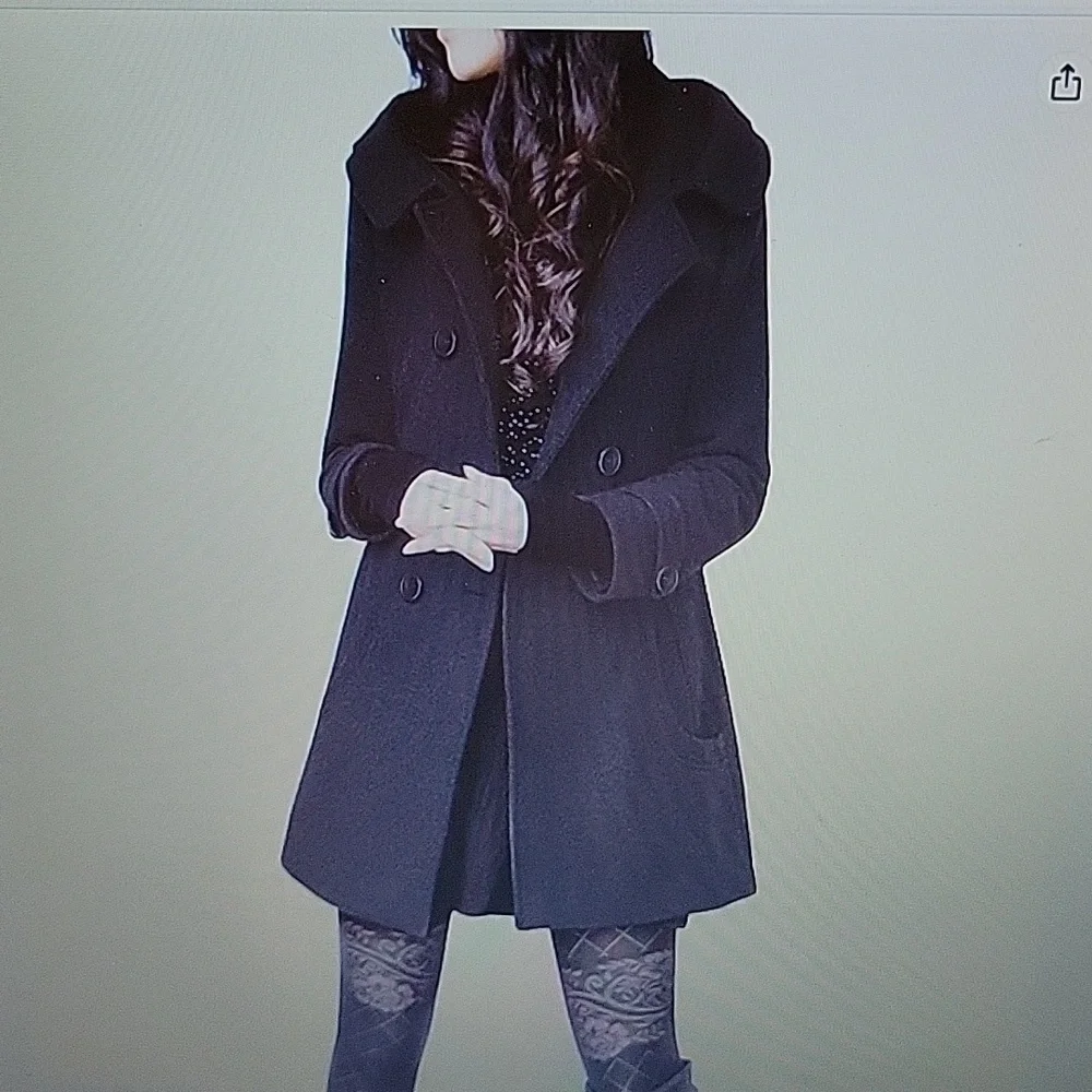 Tanming black double breasted wool pea coat trench coat jacket hood Small New …